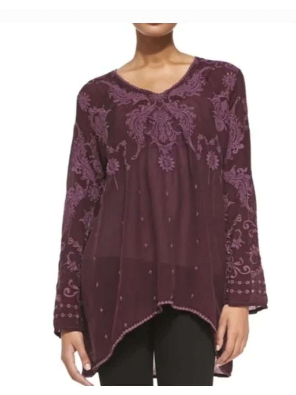 JOHNNY‎ WAS Long Sleeve Purple/Eggplant Embroidered Tunic Top Size XS